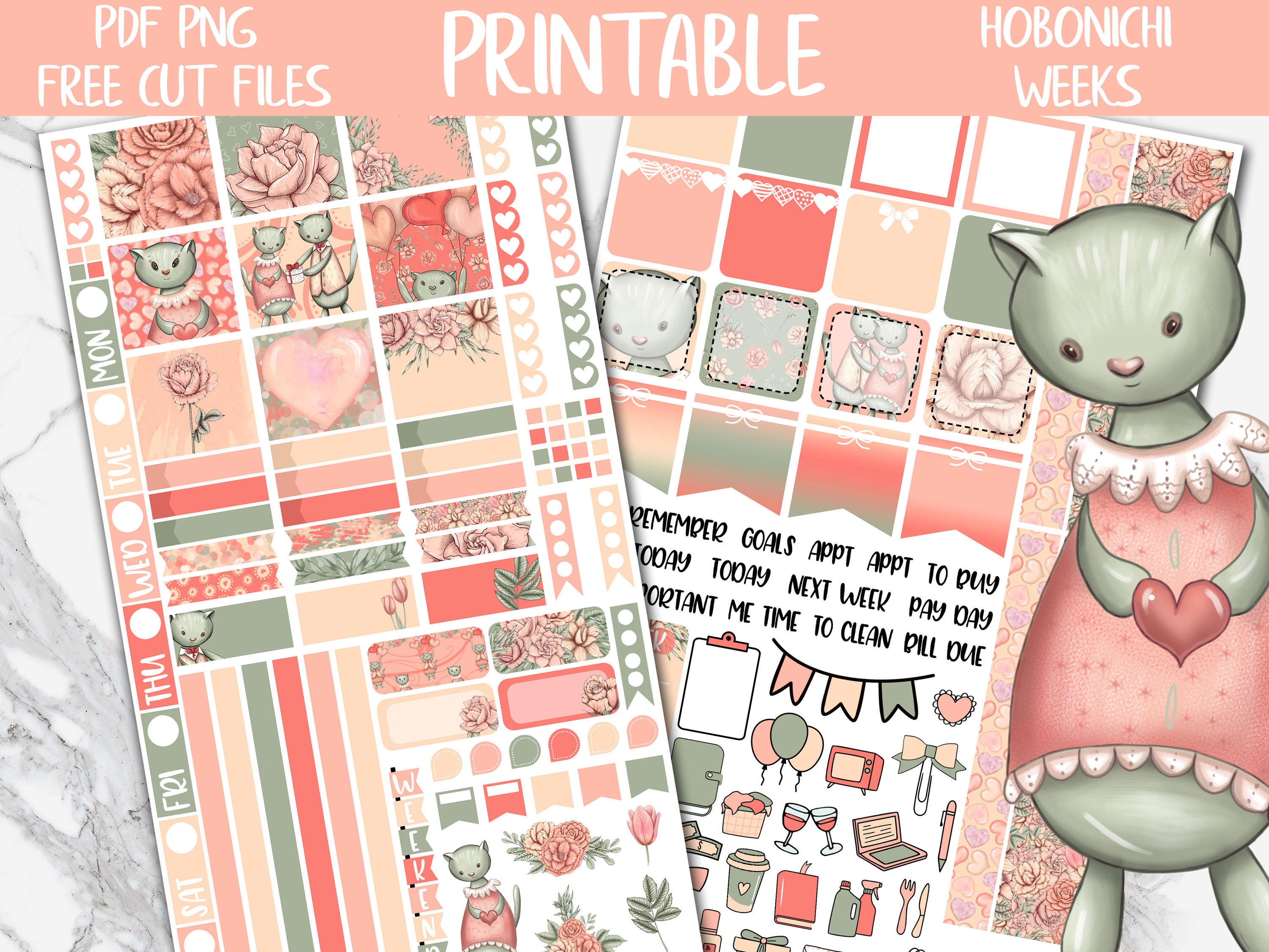 Kitten Love | Valentines Day Hobonichi Weeks Printable Planner Stickers ...
