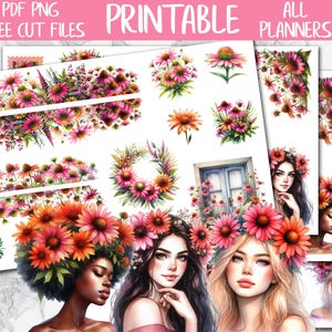 Coneflowers | Floral Journal Printable Stickers, Flowers Deco Planner Stickers, Spring Bujo Digital Stickers, Bullet Journal Sticker Kit