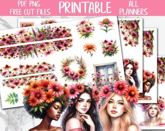 Coneflowers | Floral Journal Printable Stickers, Flowers Deco Planner Stickers, Spring Bujo Digital Stickers, Bullet Journal Sticker Kit
