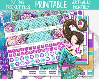 Mermaids | Summer Printable Planner Stickers, Erin Condren Monthly Planner Stickers PNG, July Digital Stickers, Fantasy Monthly Sticker Kit