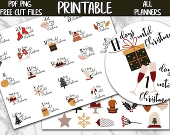 May include: Printable Christmas countdown stickers with various festive illustrations, including a gift, ornaments, and a Christmas tree. The text reads "days until Christmas".