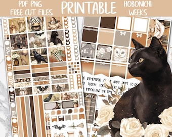 Warm Halloween | Cozy Spooky Hobonichi Weeks Printable Planner Stickers, Black Cat Digital Stickers PNG, Hobo October Weekly Sticker Kit