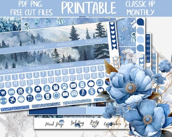 Snow Time | Winter Classic Happy Planner Printable Monthly Stickers, Snowy Holidays PNG Digital Stickers, January Monthly HP Sticker Kits