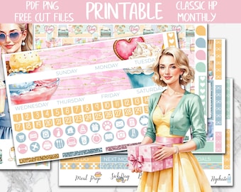 50s Pop | 1950 Girl Classic Happy Planner Printable Monthly Stickers, Nostalgic Digital Stickers PNG, Diner HP Planner Monthly Sticker Kit
