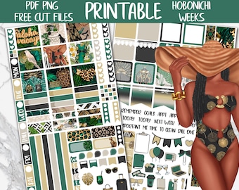 Tropical Jungle | Summer Hobonichi Weeks Printable Planner Stickers, July Monstera Digital Stickers PNG, Leopard Hobo Weekly Sticker Kit