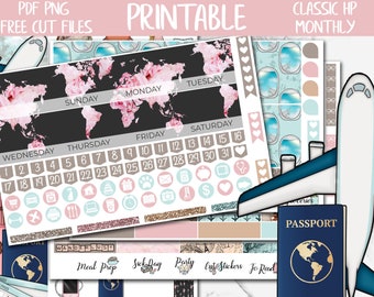 Travel | Vacation Classic Happy Planner June Printable Monthly Stickers, Flight HP Digital Stickers PNG, Plane Monthly Sticker Kit, Cricut