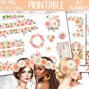 Dahlias | Floral Journal Printable Stickers, Flowers Deco Planner Stickers, Spring Flowers Bujo Digital Sticker, Bullet Journal Sticker Kit