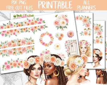Dahlias | Floral Journal Printable Stickers, Flowers Deco Planner Stickers, Spring Flowers Bujo Digital Sticker, Bullet Journal Sticker Kit