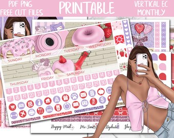 Berry Love | Valentines Erin Condren Printable Planner Stickers, Monthly Vertical Planner Stickers, ECLP Valentines Monthly Kit, Cut Files