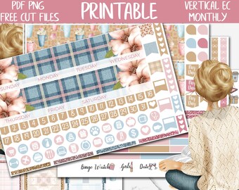 May include: Printable planner stickers with a floral design, a plaid pattern, and a variety of icons. The stickers are in shades of pink, blue, brown, and white. The text "Printable" is in pink letters. The text "Vertical EC Monthly" is in black letters.