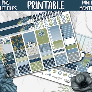 The Blues | Winter Floral MINI Happy Planner Printable Planner Sticker, January Monthly MINI HP Digital Sticker, Blue Flower Planner Sticker