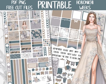 Silver Princess | White Roses Hobonichi Weeks Printable Planner Sticker, Wedding Digital Stickers PNG, Glam Girl Hobo Weekly Sticker Kit