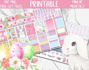 Easter | Bunny Spring MINI Happy Planner Printable Planner Stickers, Floral Monthly MINI HP Digital Sticker, April Planner Sticker, Cut File