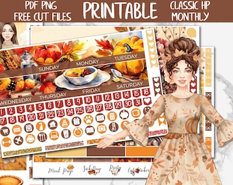 May include: Printable planner stickers with a fall theme. The design includes pumpkins, leaves, and a watercolor illustration of a woman. The text includes the days of the week and the numbers 1-31. The words "PDF PNG FREE CUT FILES PRINTABLE CLASSIC HP MONTHLY" are also visible.