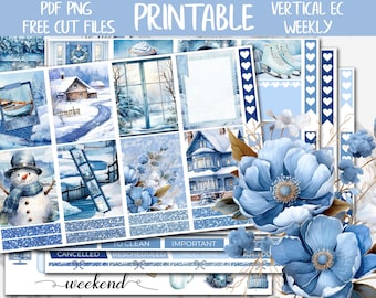 Snow Time | Winter Holidays Erin Condren Printable Sticker Kit, ECLP Snowflakes Digital Stickers, Snowy Forest Vertical Planner Weekly Kit