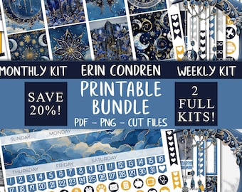 Celestial | Erin Condren Printable Stickers Bundle, Galaxy Weekly Stickers, Moon Monthly Sticker Kit, Stars Planner Sticker Kit Bundle