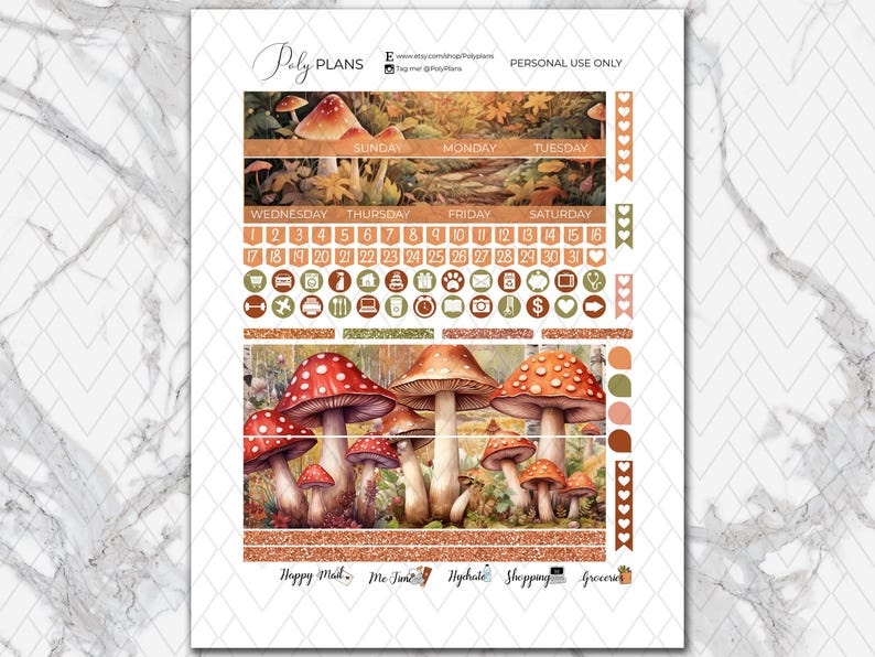 Op de afbeelding: Een set planner stickers met een paddenstoel illustratie met een herfstbos thema. De stickers bevatten een kalender, dagen van de week, nummers en pictogrammen. De onderste rij stickers bevat de woorden "Happy Mail", "Me Time", "Hydrate", "Shopping" en "Groceries".