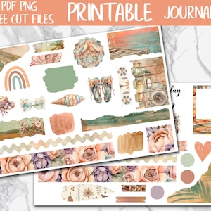 Boho Summer | Beach Bullet Journal Printable Stickers, Diary Digital Sticker, Neutral Bujo Journal Sticker Kit, Seasonal Journaling Stickers