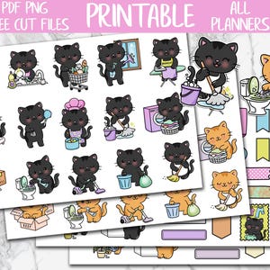 May include: Printable planner stickers featuring cartoon cats in various cleaning and household activities. The stickers include cats washing dishes, doing laundry, and cleaning toilets. The text "PDF PNG FREE CUT FILES PRINTABLE ALL PLANNERS" is at the top.