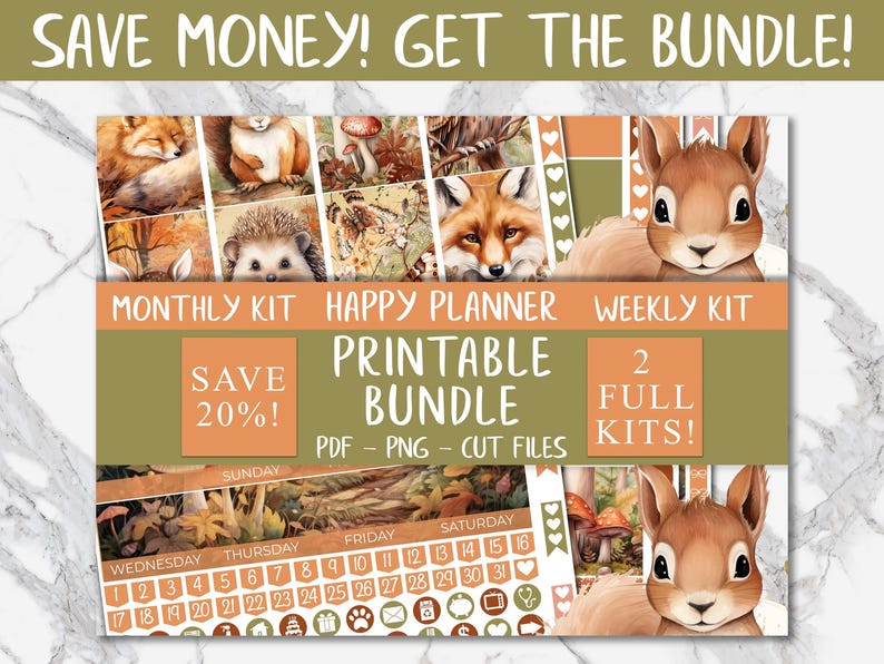 Forest Animals | Fall Floral Classic Happy Planner Printable Monthly Stickers, Autumn Digital Stickers PNG, September Monthly HP Sticker Kit afbeelding 5