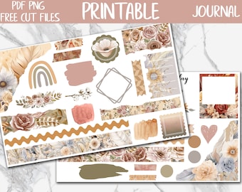 Boho Floral | Bullet Journal Printable Stickers, Floral Diary Digital Sticker, Boho Feathers Bujo Journal Sticker Kit, Journaling Stickers