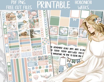 By The Sea | Beach Day Hobonichi Weeks Printable Planner Sticker, July Coastal Digital Stickers PNG, Summer Vacation Hobo Weekly Sticker Kit