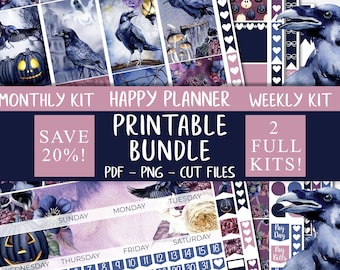 May include: A printable bundle for Happy Planner and weekly kits, featuring a dark purple and blue theme with raven illustrations, pumpkins, and floral accents. Includes the text "Monthly Kit", "Happy Planner", "Weekly Kit", "Printable Bundle", "Save 20%!", and "2 Full Kits!"