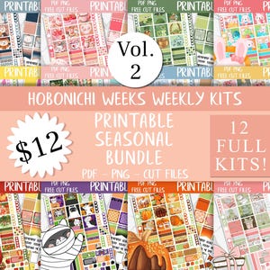 Może przedstawiać: Kolekcja drukowanych zestawów tygodniowych Hobonichi Weeks, Vol. 2, z sezonowymi wzorami. Obraz zawiera 12 pełnych zestawów o różnych motywach, a cena wynosi 12 $. Zestawy są dostępne w formatach PDF i PNG z darmowymi plikami do wycinania.