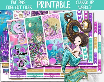 Mermaids | Happy Planner Printable Weekly Stickers, Summer Digital Planner Stickers Cricut PNG, Fantasy Ocean July Weekly Sticker Kit