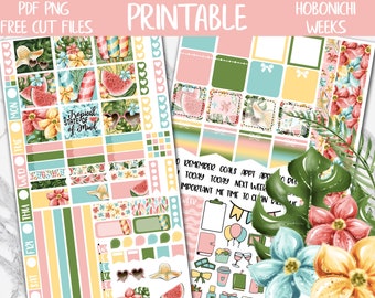 Tropical | Summer Hobonichi Weeks Printable Planner Sticker, Beach Vacation Digital Stickers PNG, Hibiscus Weekly Sticker Kit, Cricut Files