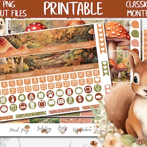 May include: Printable monthly planner with a woodland theme. The planner features a calendar with days of the week, a squirrel, mushrooms, and autumn leaves. The planner also includes a section for meal prep, sick days, and parties. The planner is designed for use with a classic HP printer.