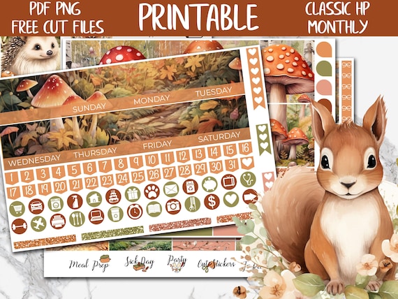 Forest Animals | Fall Floral Classic Happy Planner Printable Monthly Stickers, Autumn Digital Stickers PNG, September Monthly HP Sticker Kit
