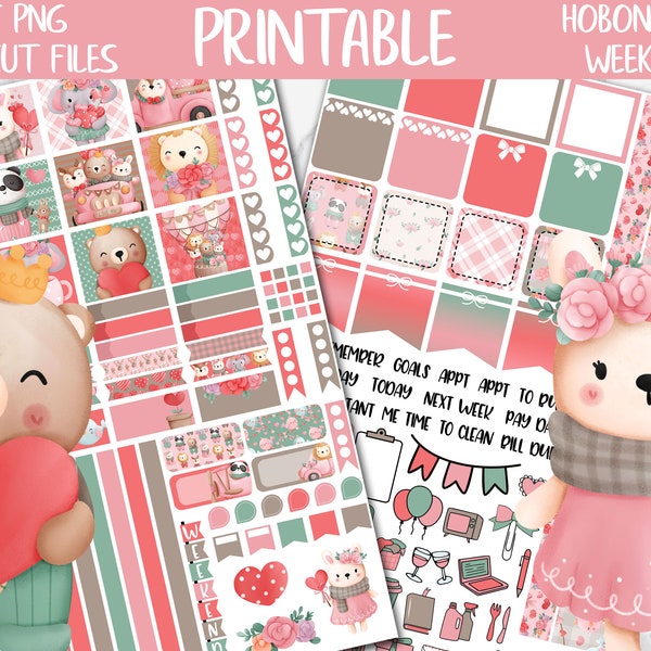 Animals In Love | Valentines Day Hobonichi Weeks Printable Planner Sticker, Digital Stickers PNG, Valentines Cute Animals Weekly Sticker Kit