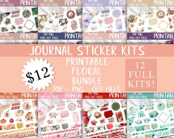 May include: A digital collection of 12 printable journal sticker kits featuring floral and seasonal designs. The bundle includes PDF, PNG, and cut files with various decorative elements like flowers, frames, and borders in diverse color palettes.