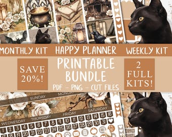 May include: A printable planner bundle with a gothic theme. The design includes images of a black cat, candles, roses, and a cauldron. The text includes "Monthly Kit", "Happy Planner", "Weekly Kit", "Printable Bundle", and "Save 20%!"