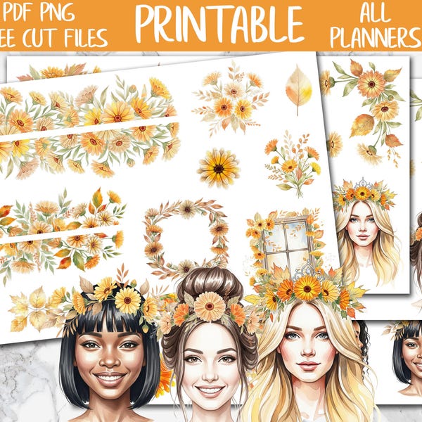 Fall Calendulas | Floral Journal Printable Stickers, Fall Deco Planner Stickers, Autumn Bujo Digital Stickers, Fall Bullet Journal Printable