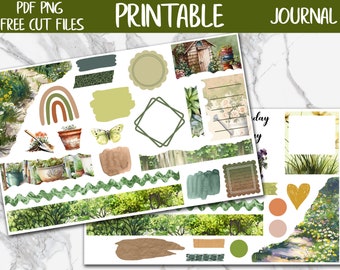 May include: Printable journal stickers featuring a garden theme. The stickers include a rainbow arch, butterflies, potted plants, a watering can, a shed, and various green and brown foliage.