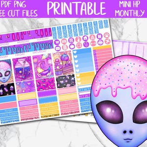 May include: Printable planner stickers with a purple and blue alien theme. The stickers include weekly layouts, decorative elements, and the text "PDF PNG FREE CUT FILES PRINTABLE MINI HP MONTHLY".