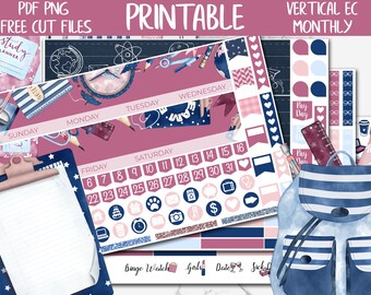 May include: Printable monthly planner stickers with a navy blue and pink color scheme. The stickers feature a variety of designs, including stars, hearts, and school supplies. The stickers are perfect for adding a touch of personality to your planner.