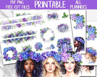 Hydrangeas | Floral Journal Printable Stickers, Flowers Deco Planner Stickers, Spring Bujo Digital Stickers PNG, Bullet Journal Sticker Kit