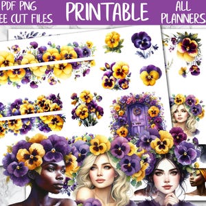Pansies | Floral Printable Stickers, Purple and Yellow Deco Planner Stickers, Flowers Journaling Digital Sticker, Bullet Journal Sticker Kit