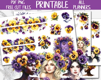 Pansies | Floral Printable Stickers, Purple and Yellow Deco Planner Stickers, Flowers Journaling Digital Sticker, Bullet Journal Sticker Kit