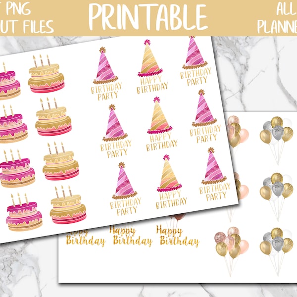 Birthday Decorative Stickers, Birthday Printable Planner Stickers, Cake Digital Stickers, Balloons Party Celebration PNG Stickers, Cut Files