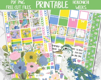 Spring Daydream | Flowers Hobonichi Weeks Printable Planner Sticker, Bird Digital Stickers PNG, Bloom Floral Spring April Weekly Sticker Kit
