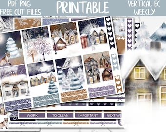 Cold Nights | Winter Holidays Erin Condren Printable Sticker Kit, ECLP Floral Digital Sticker, Snowy City Forest Vertical Planner Weekly Kit
