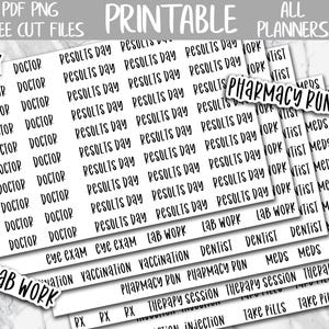 Puede incluir: Pegatinas imprimibles para planificador con varias etiquetas relacionadas con la medicina en fuente negra. Las etiquetas incluyen "Doctor", "Día de resultados", "Farmacia" y "Trabajo de laboratorio". Las pegatinas están impresas en papel blanco.