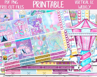 Carnival | Funfair Erin Condren Printable Sticker Kit, ECLP Carousel Digital Sticker PNG, Ferris Wheel Vertical Printable Planner Weekly Kit