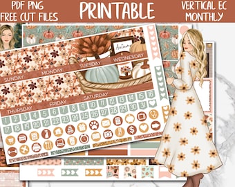 May include: Printable vertical monthly planner stickers with a fall theme. The stickers feature a woman in a floral dress, pumpkins, leaves, and the words "Autumn" and "Wednesday".