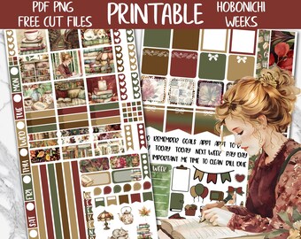 Academia | Fall Hobonichi Weeks Printable Planner Sticker, Cozy Library Digital Stickers PNG, Book Lover Weekly Sticker Kit, Hobo Bookworm