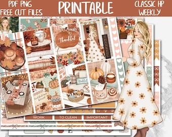 May include: Printable planner stickers with a fall theme. The stickers feature illustrations of pumpkins, leaves, a coffee cup, a woman in a floral dress, and the words "Thankful" and "Grateful".